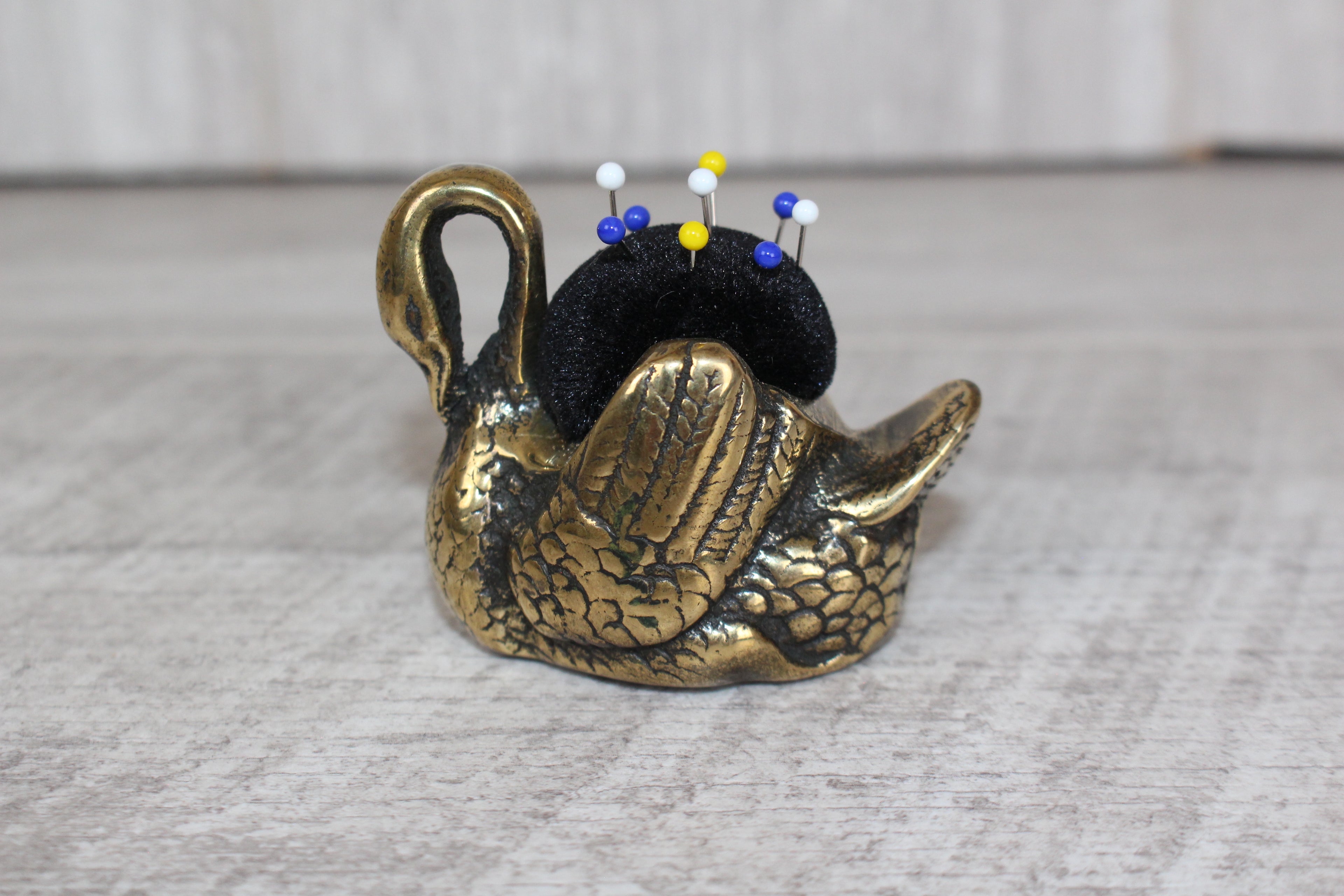 Brass Swan Pin Cushion with Pins Vintage Collectable