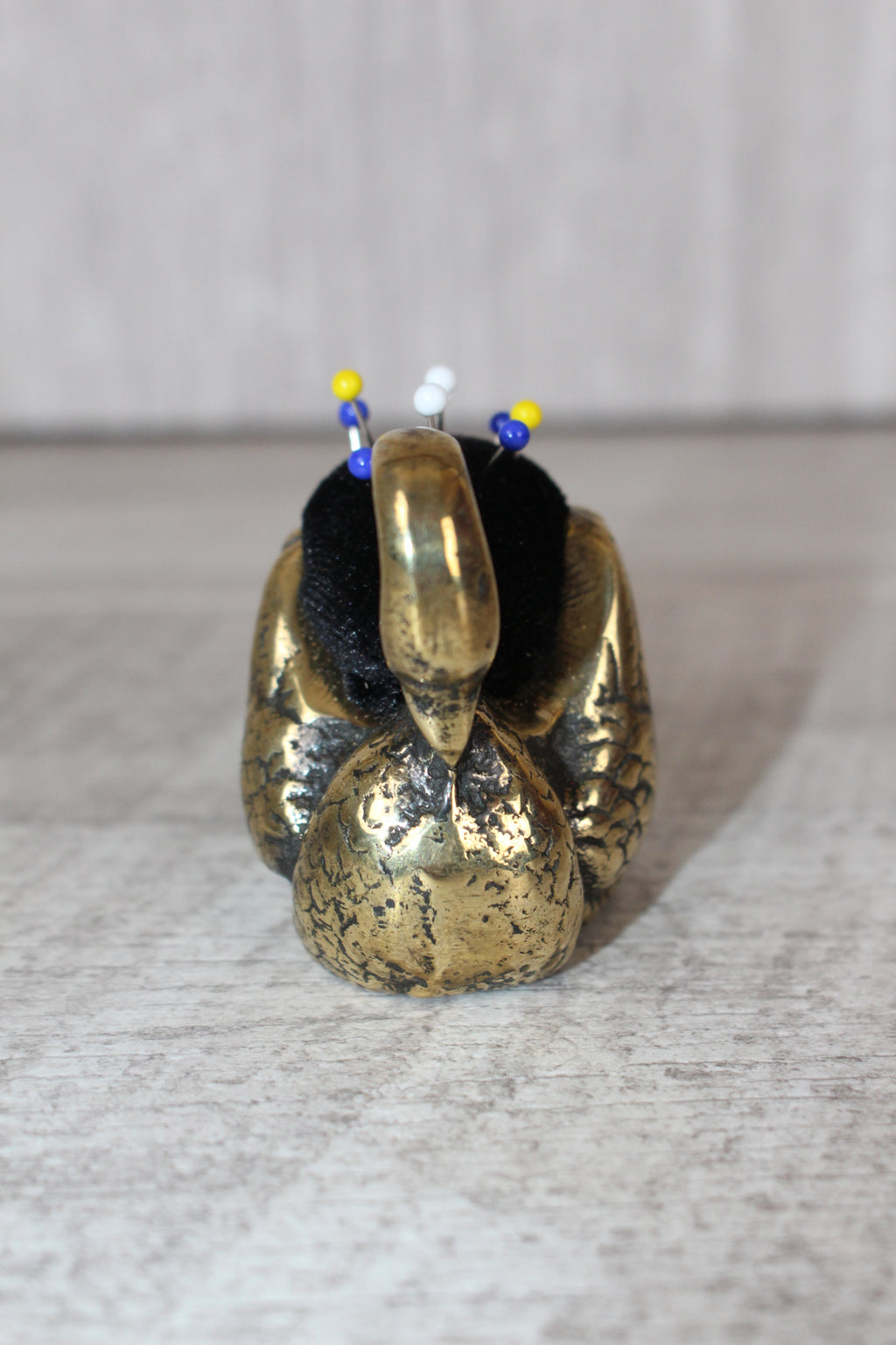 Brass Swan Pin Cushion with Pins Vintage Collectable