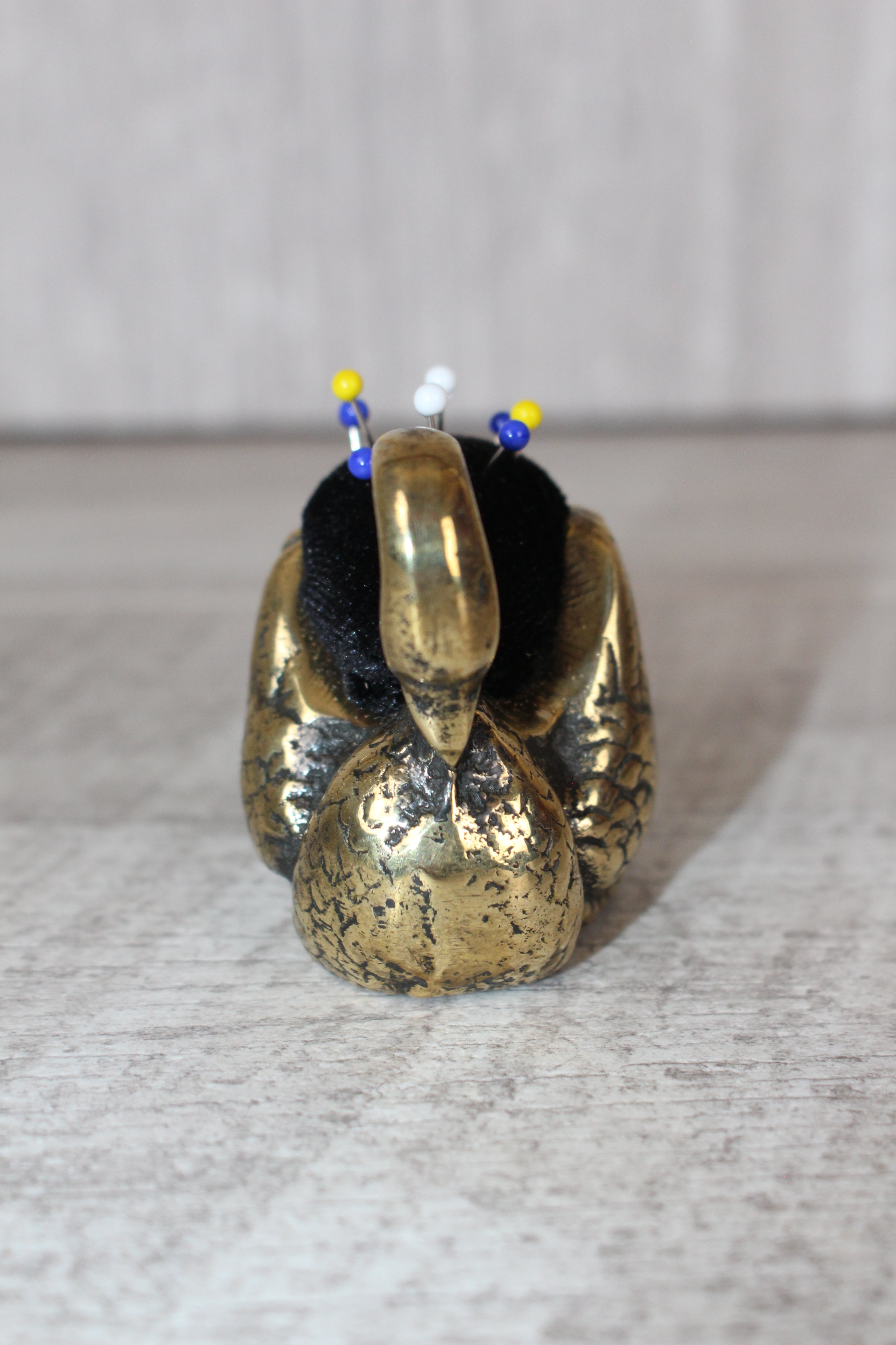 Brass Swan Pin Cushion with Pins Vintage Collectable