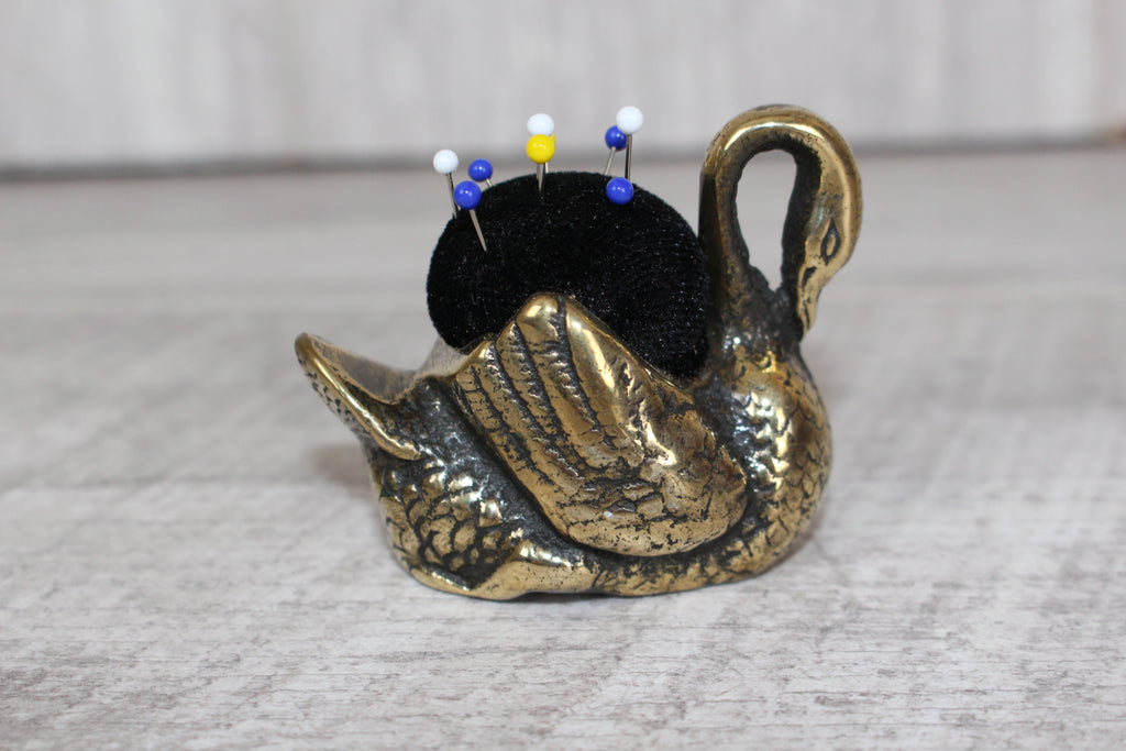 Brass Swan Pin Cushion with Pins Vintage Collectable
