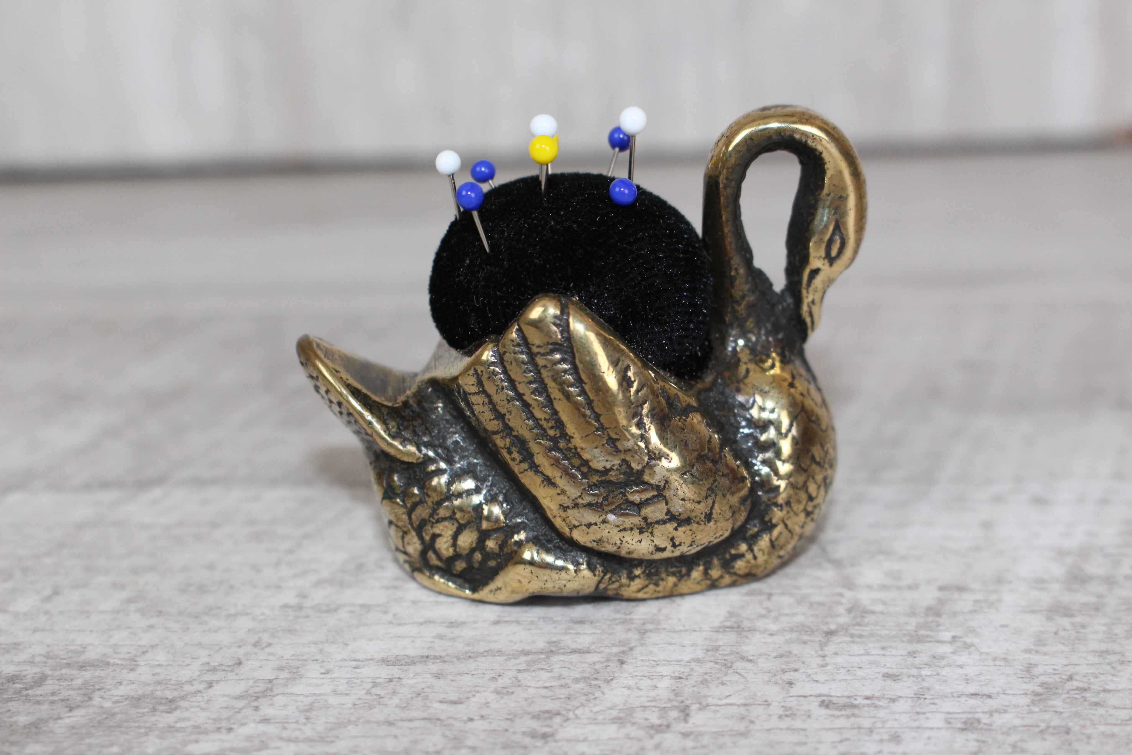 Brass Swan Pin Cushion with Pins Vintage Collectable