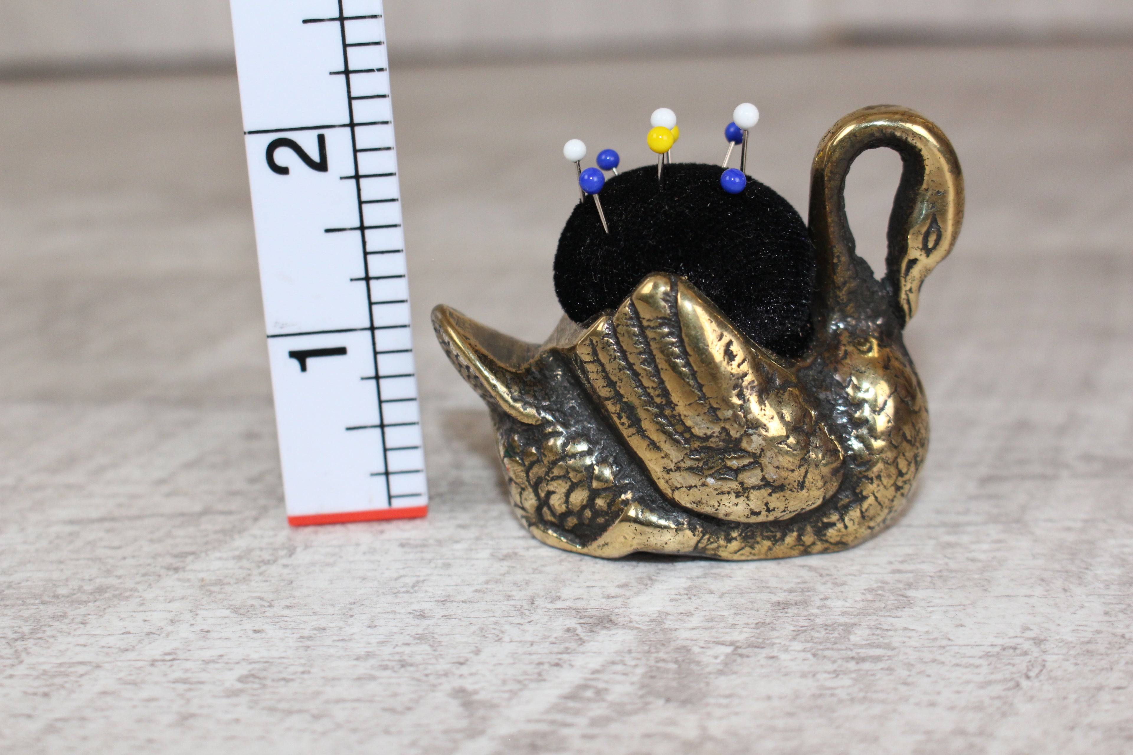 Brass Swan Pin Cushion with Pins Vintage Collectable