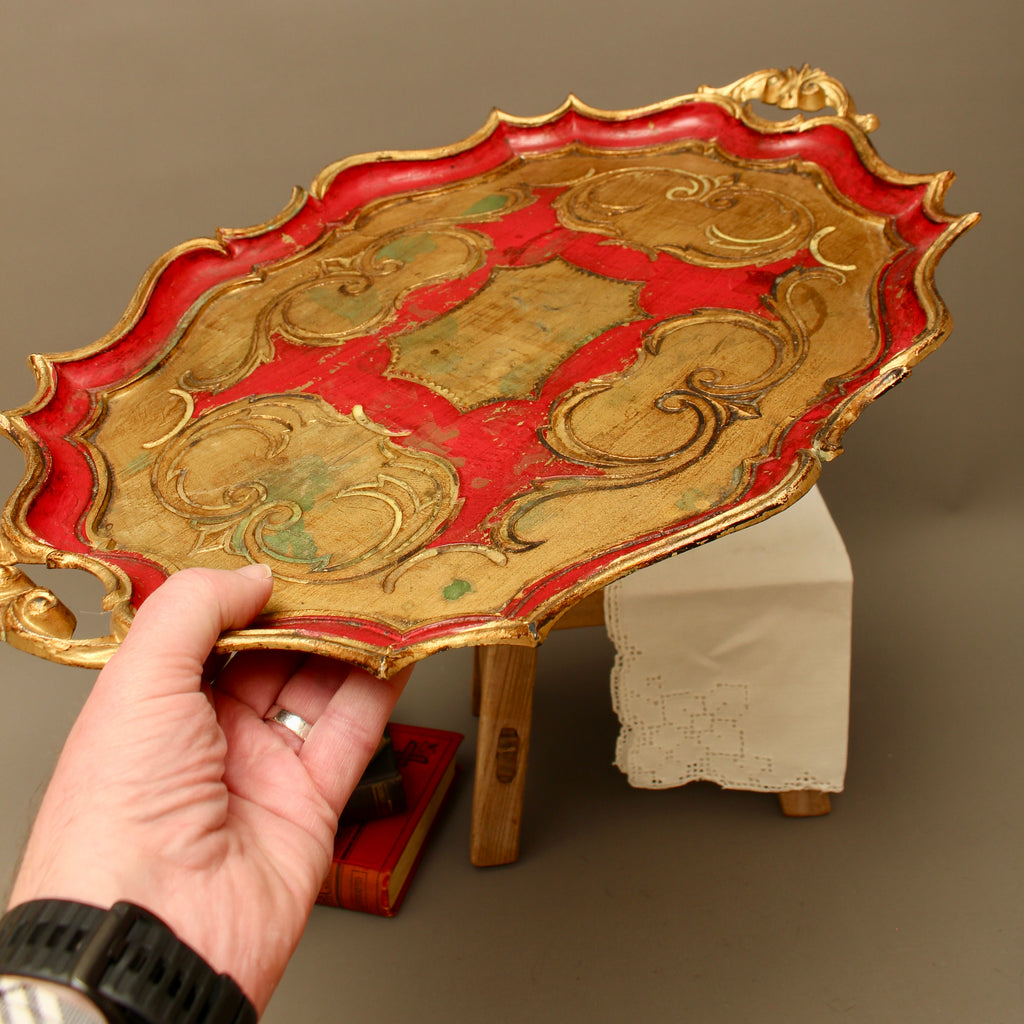 Large Vintage Florentine Gilt Wood Serving Tray – Ornate Handles Crimson Salver