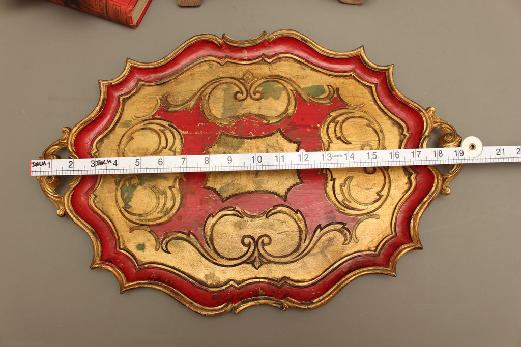 Large Vintage Florentine Gilt Wood Serving Tray – Ornate Handles Crimson Salver