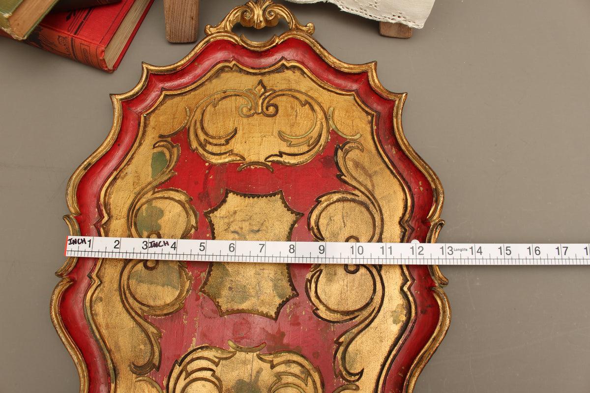 Large Vintage Florentine Gilt Wood Serving Tray – Ornate Handles Crimson Salver