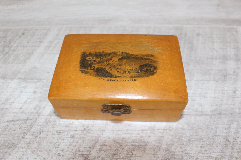 Antique Mauchline Ware Wooden Box "The Beach Clevedon" Good Blue Lining & Clasp