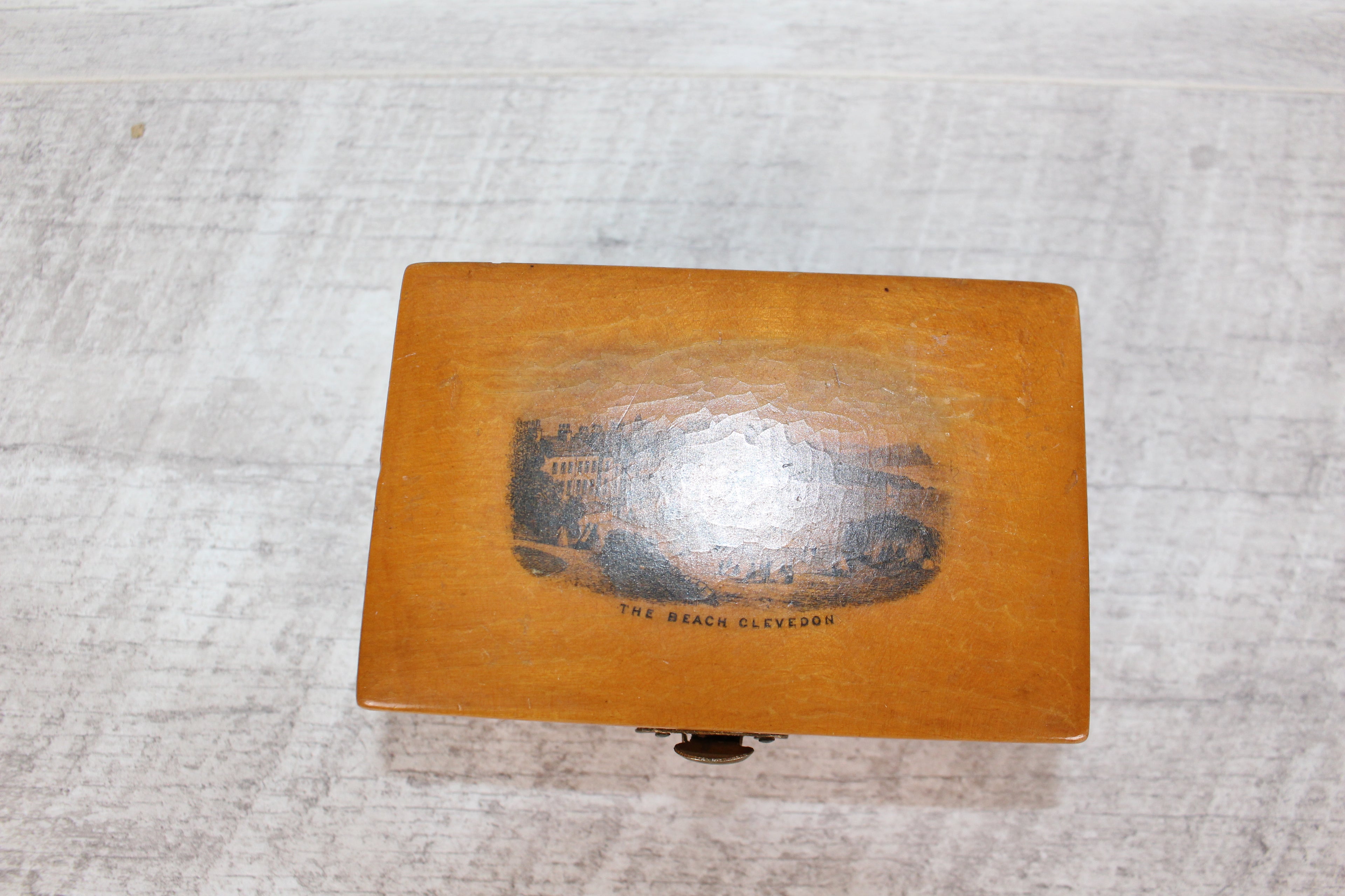 Antique Mauchline Ware Wooden Box "The Beach Clevedon" Good Blue Lining & Clasp