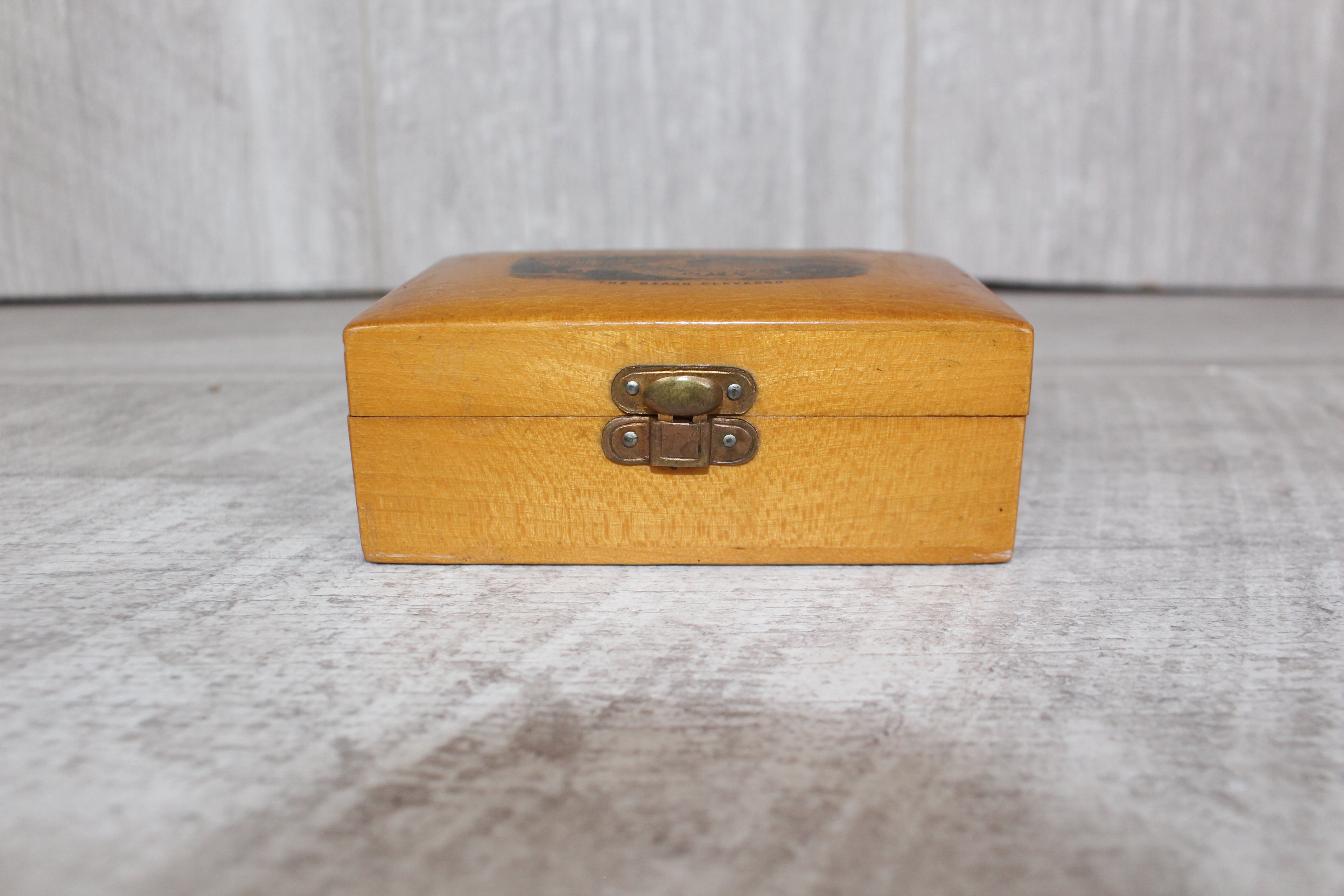 Antique Mauchline Ware Wooden Box "The Beach Clevedon" Good Blue Lining & Clasp