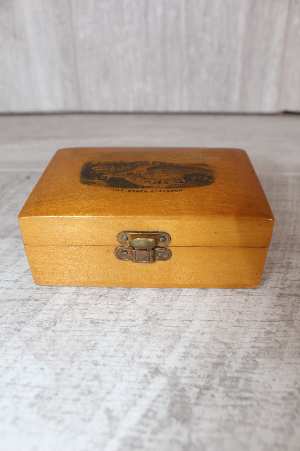 Antique Mauchline Ware Wooden Box "The Beach Clevedon" Good Blue Lining & Clasp