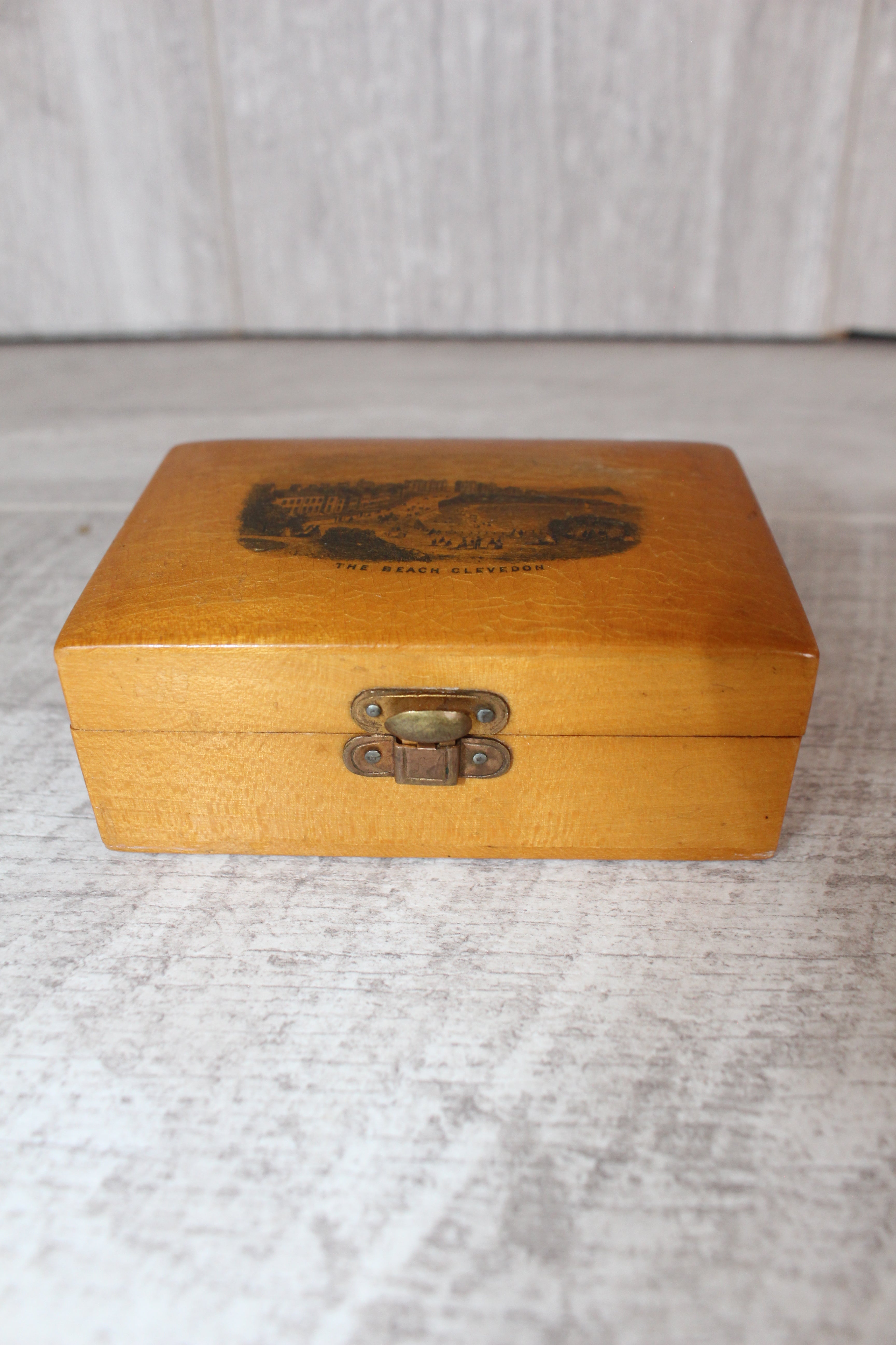 Antique Mauchline Ware Wooden Box "The Beach Clevedon" Good Blue Lining & Clasp
