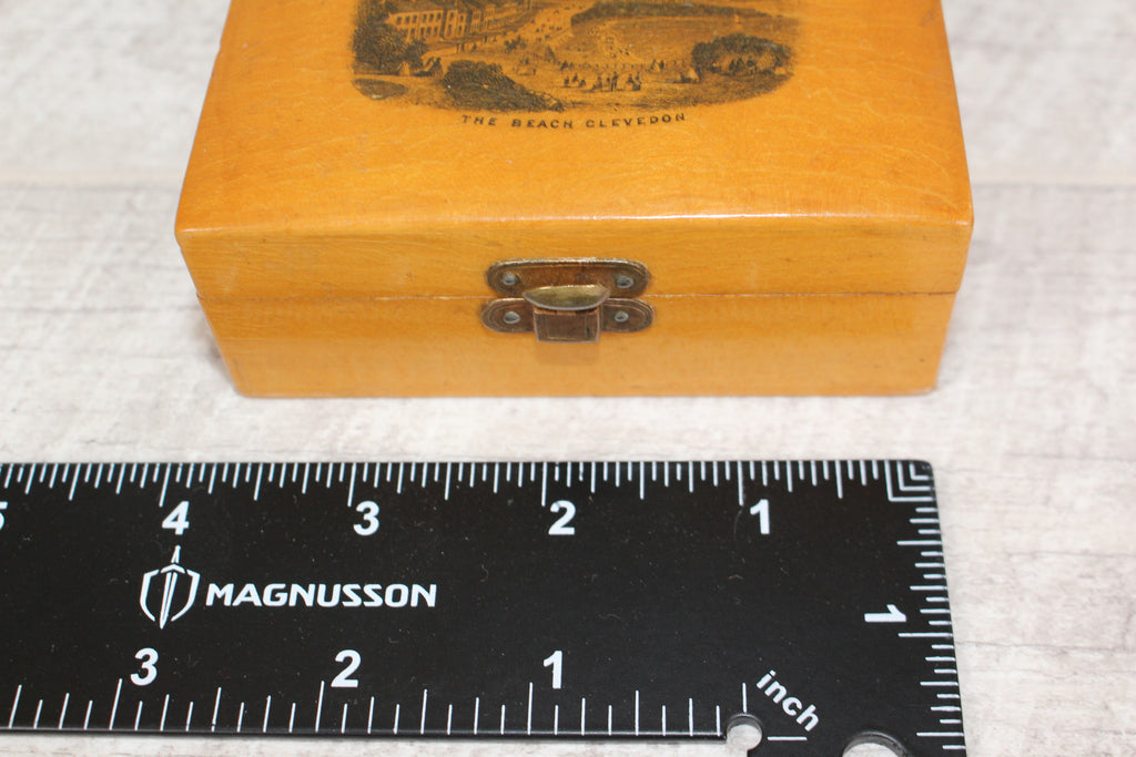 Antique Mauchline Ware Wooden Box "The Beach Clevedon" Good Blue Lining & Clasp