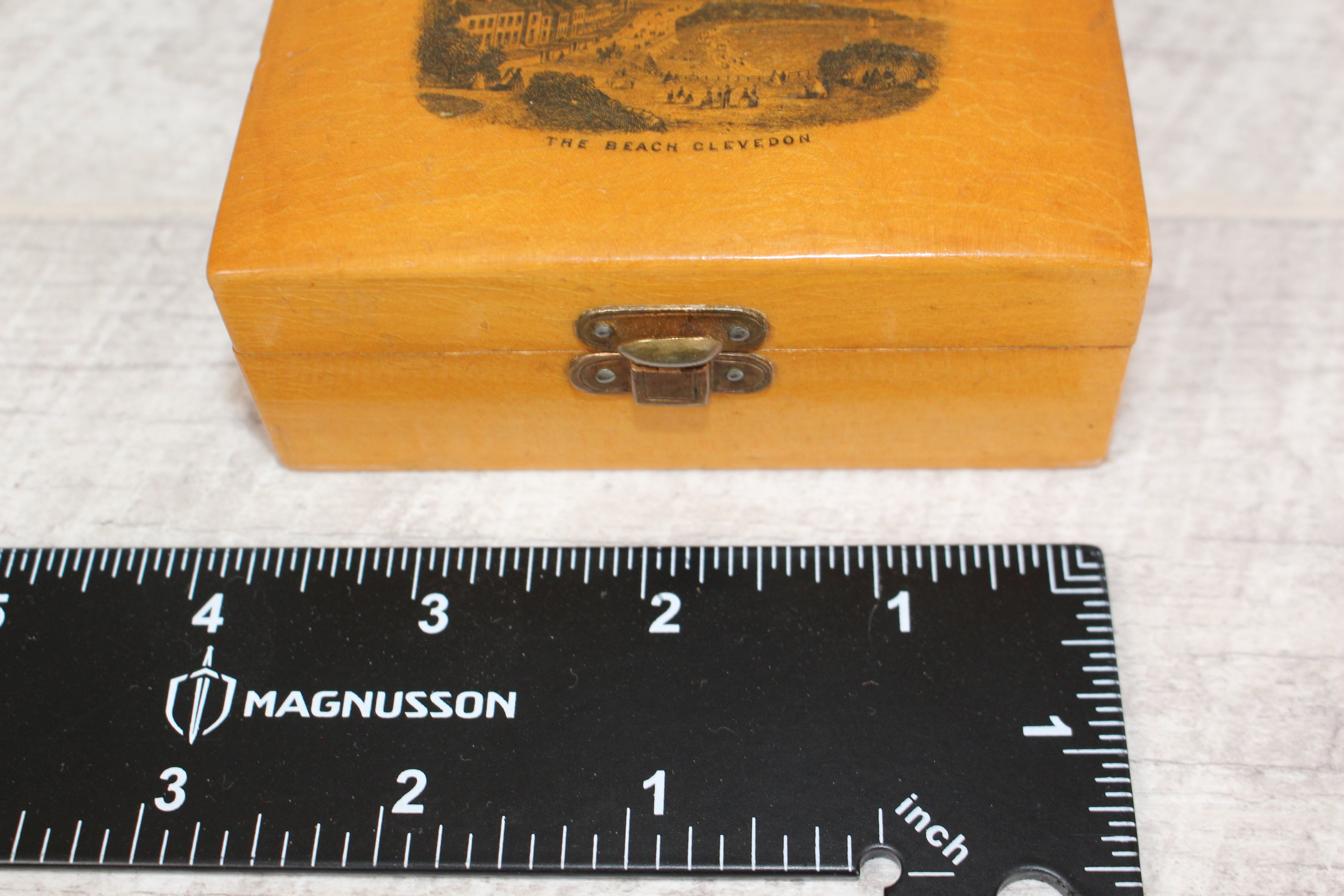 Antique Mauchline Ware Wooden Box "The Beach Clevedon" Good Blue Lining & Clasp