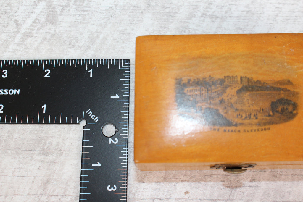 Antique Mauchline Ware Wooden Box "The Beach Clevedon" Good Blue Lining & Clasp