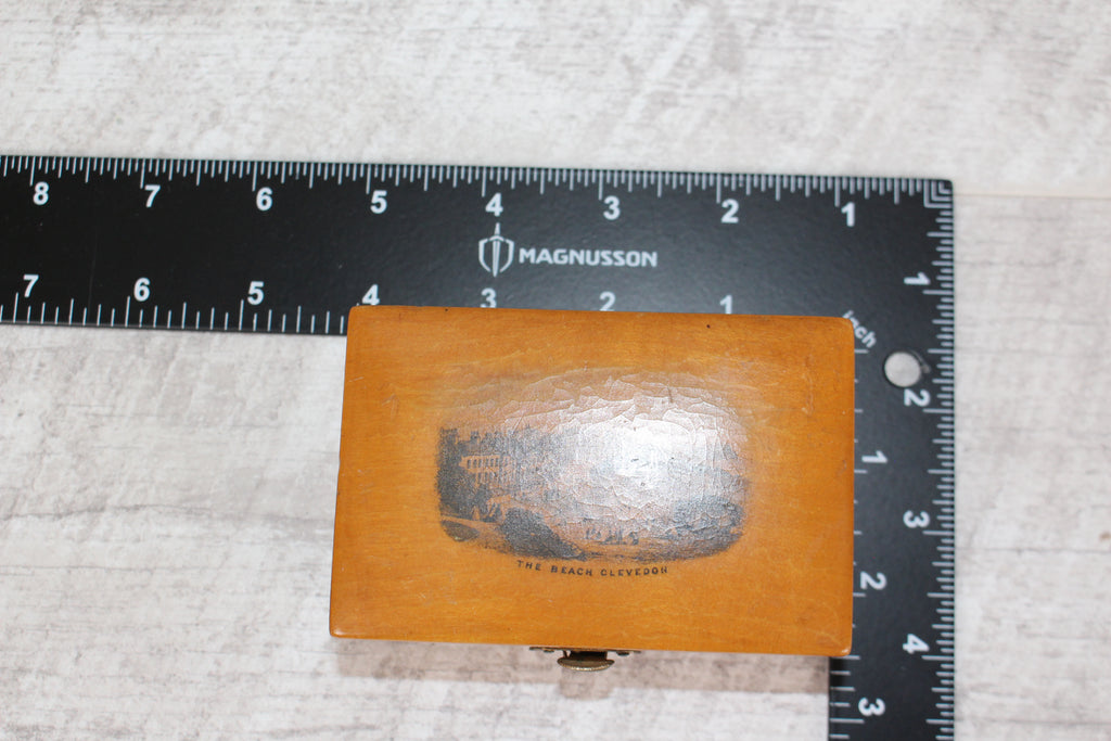 Antique Mauchline Ware Wooden Box "The Beach Clevedon" Good Blue Lining & Clasp