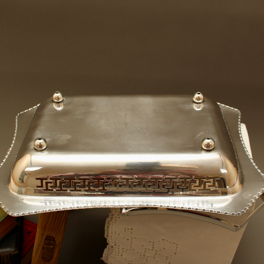 Vintage Silver Plate Cake Basket with Greek Key Pierced Border
