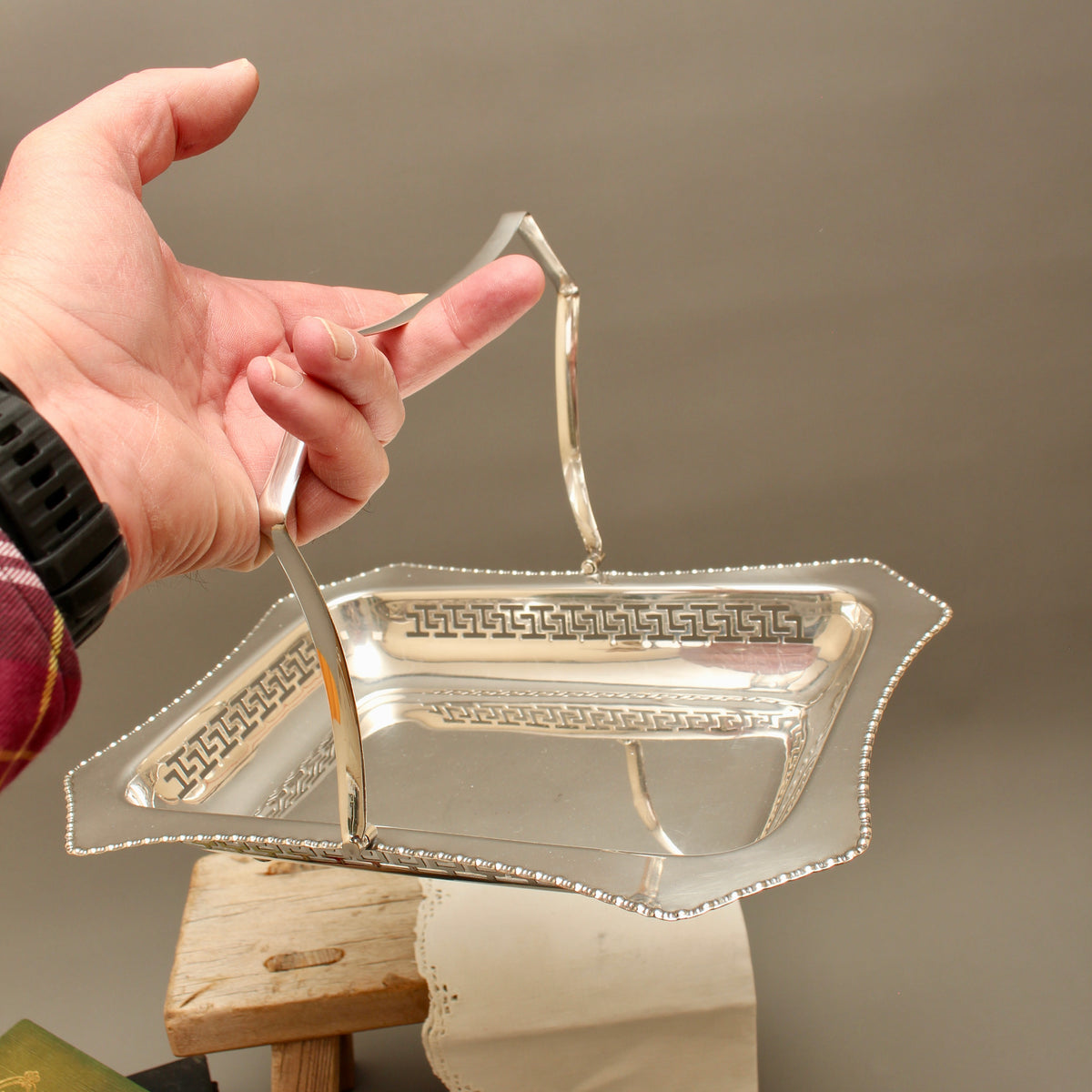 Vintage Silver Plate Cake Basket with Greek Key Pierced Border