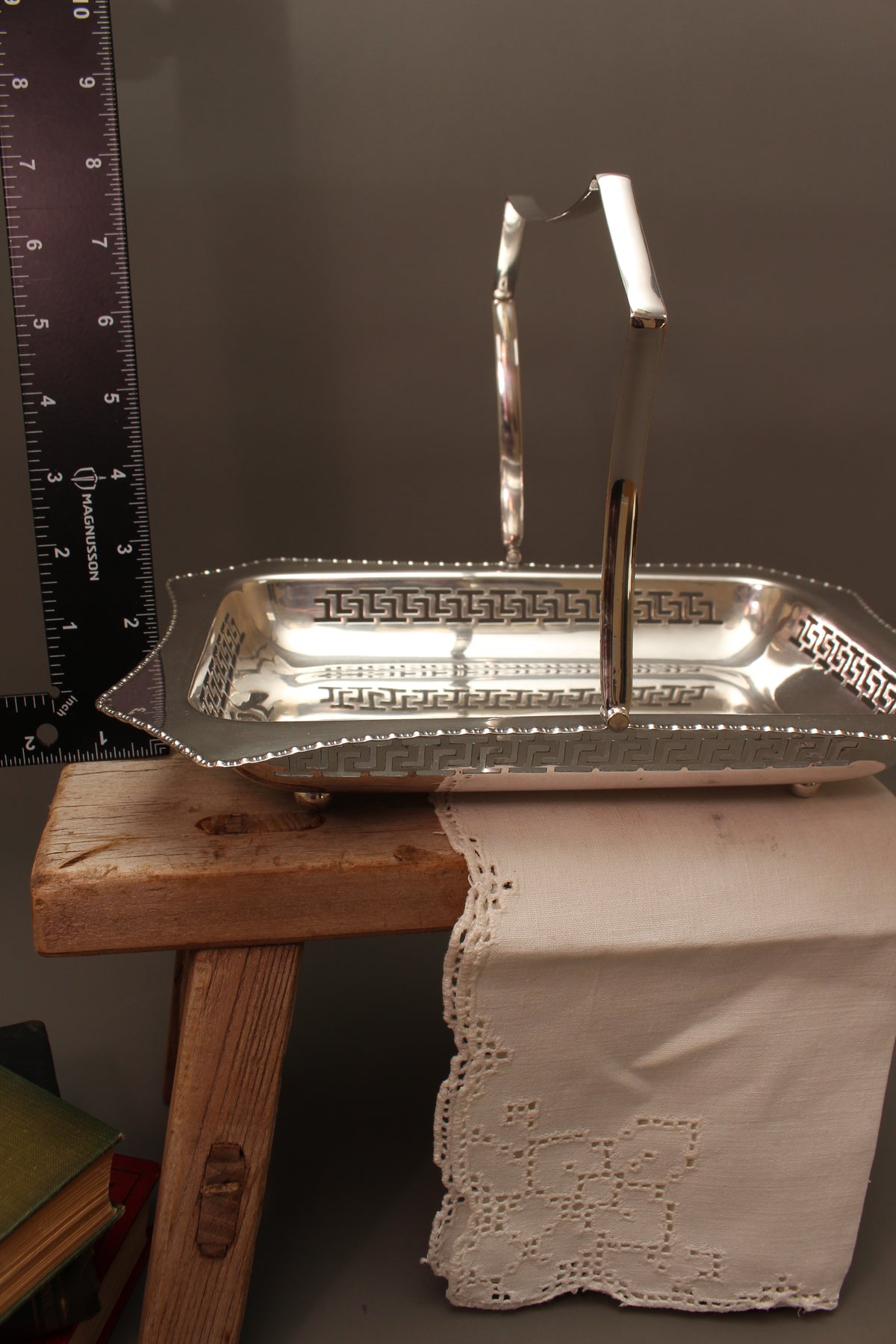 Vintage Silver Plate Cake Basket with Greek Key Pierced Border