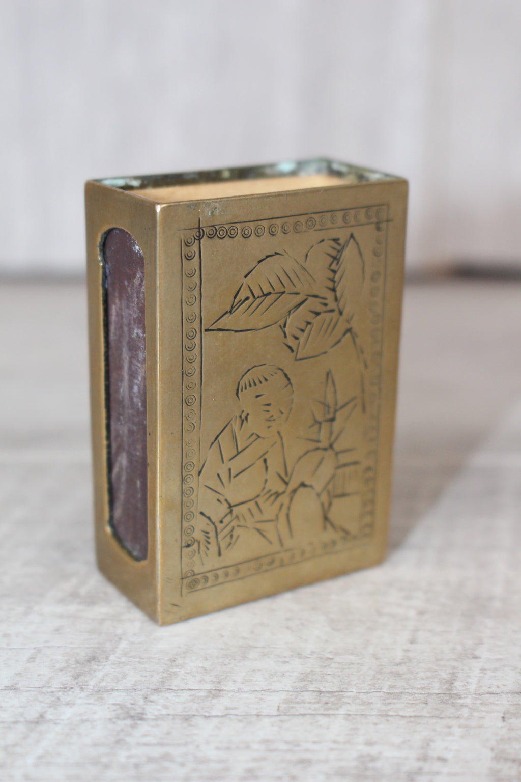 Vintage Brass Matchbox Holder, Etched Asian Scene & Criterion USSR Matchbox