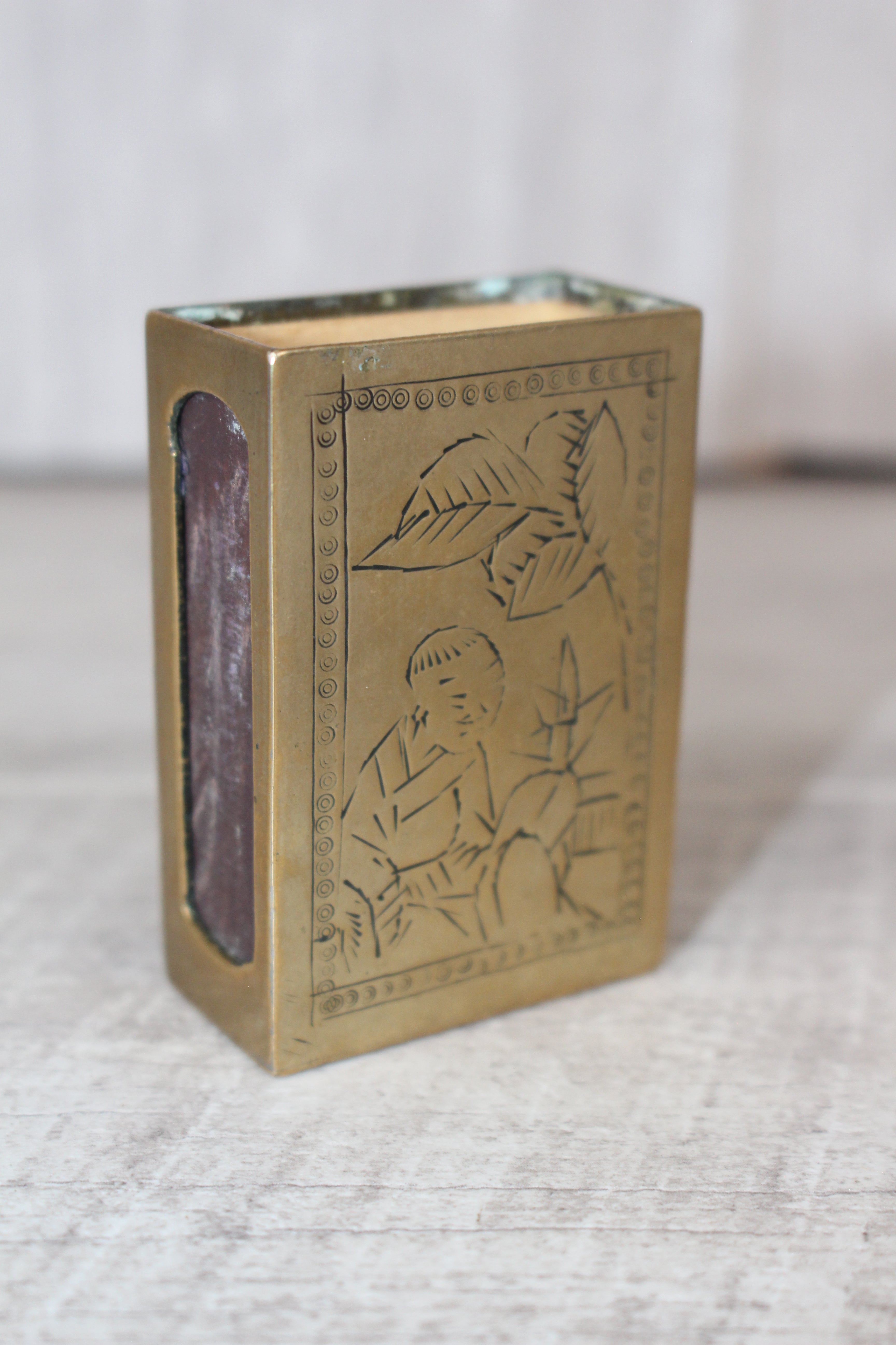 Vintage Brass Matchbox Holder, Etched Asian Scene & Criterion USSR Matchbox