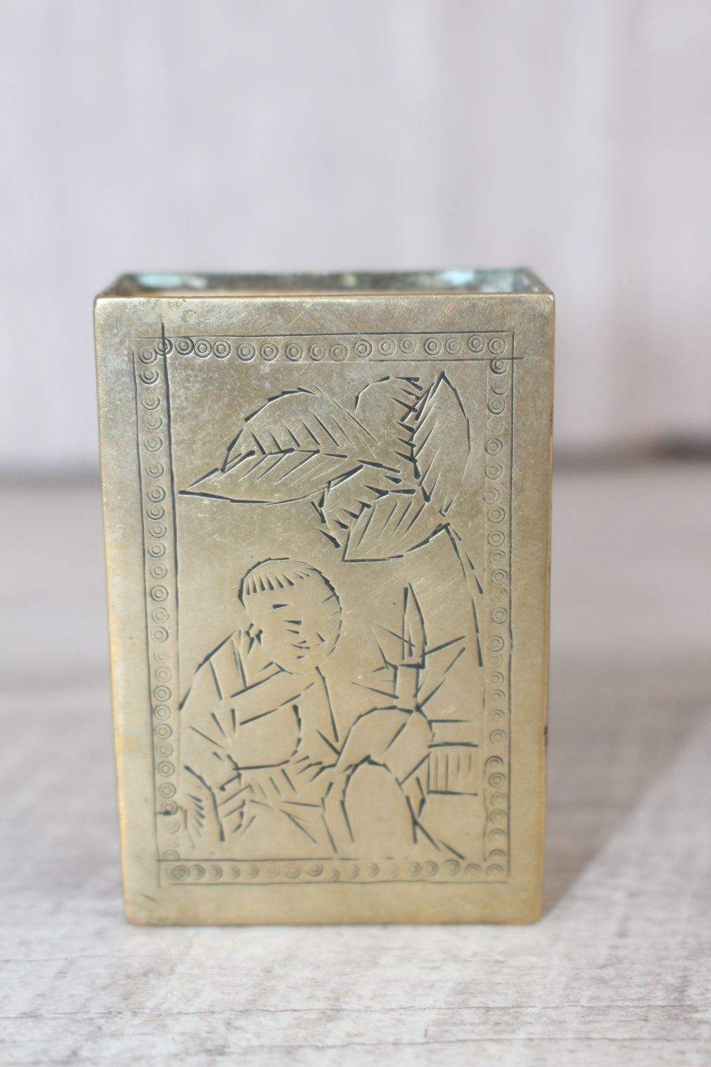 Vintage Brass Matchbox Holder, Etched Asian Scene & Criterion USSR Matchbox