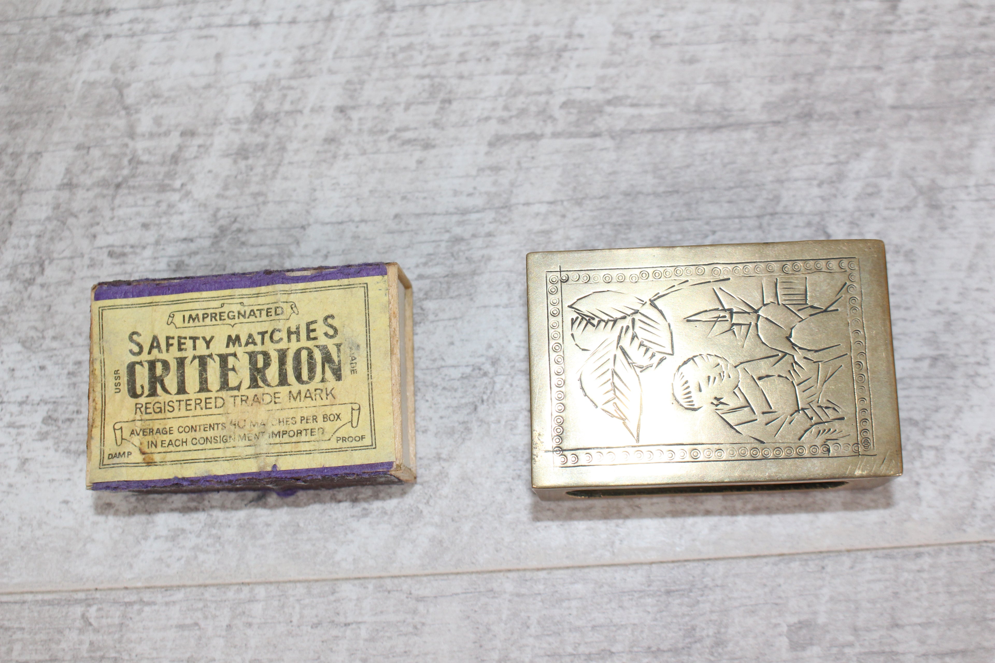 Vintage Brass Matchbox Holder, Etched Asian Scene & Criterion USSR Matchbox