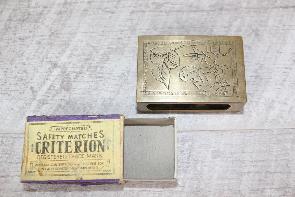 Vintage Brass Matchbox Holder, Etched Asian Scene & Criterion USSR Matchbox