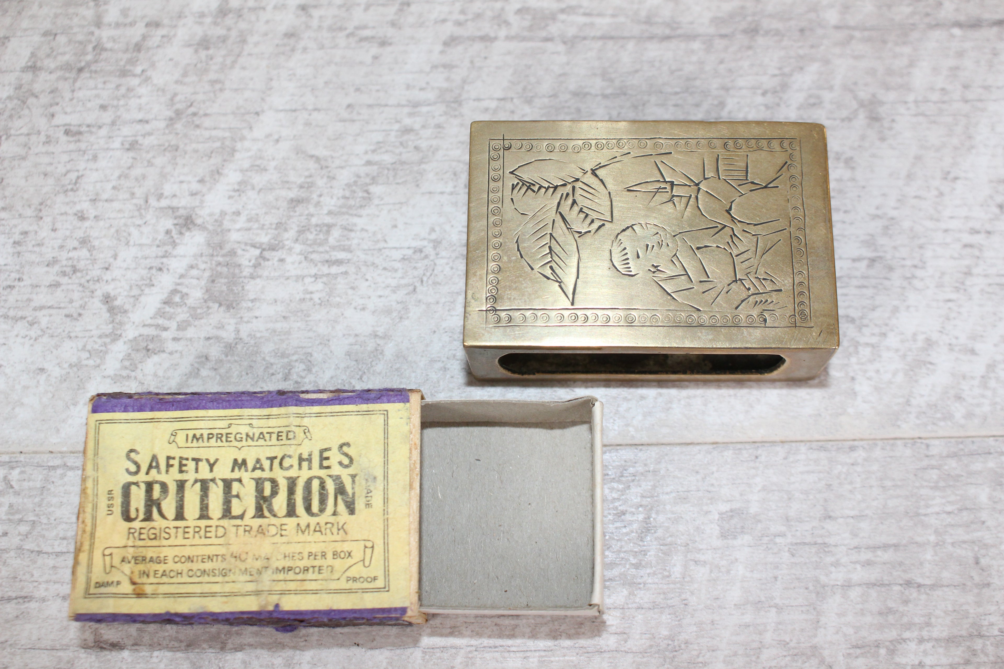 Vintage Brass Matchbox Holder, Etched Asian Scene & Criterion USSR Matchbox
