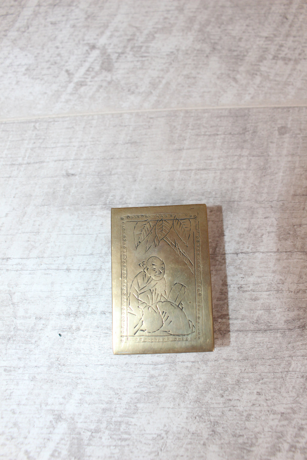 Vintage Brass Matchbox Holder, Etched Asian Scene & Criterion USSR Matchbox