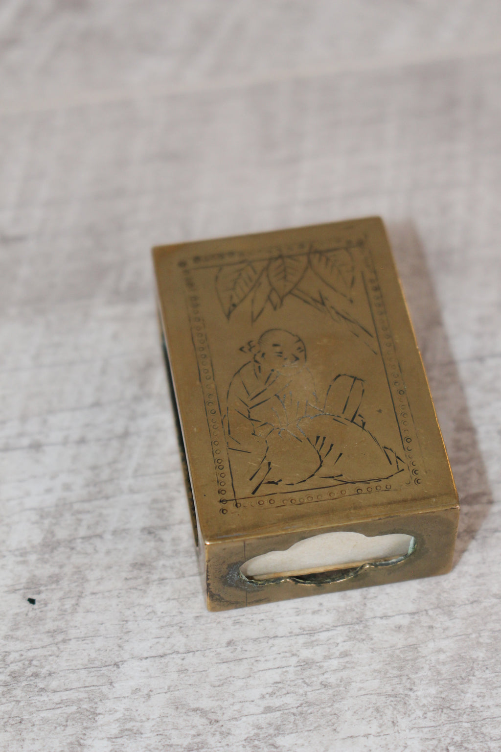 Vintage Brass Matchbox Holder, Etched Asian Scene & Criterion USSR Matchbox