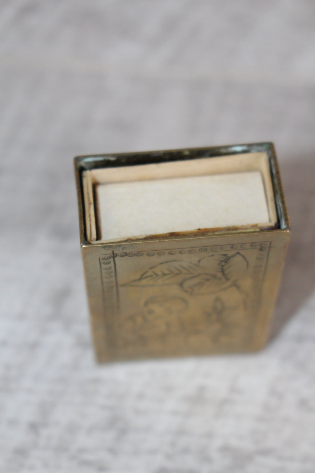Vintage Brass Matchbox Holder, Etched Asian Scene & Criterion USSR Matchbox