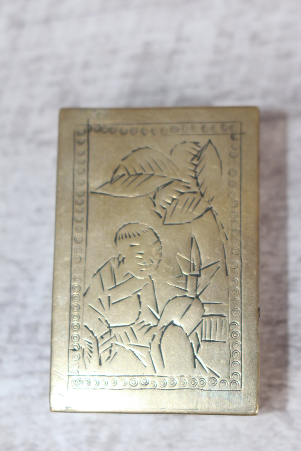 Vintage Brass Matchbox Holder, Etched Asian Scene & Criterion USSR Matchbox