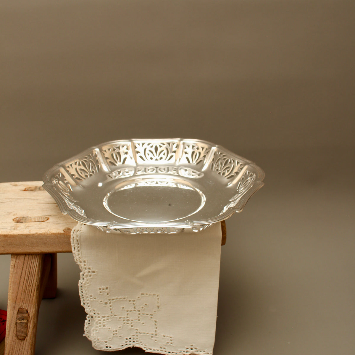 Vintage Pierced Silver Plate Bonbon Dish with Scalloped Rim