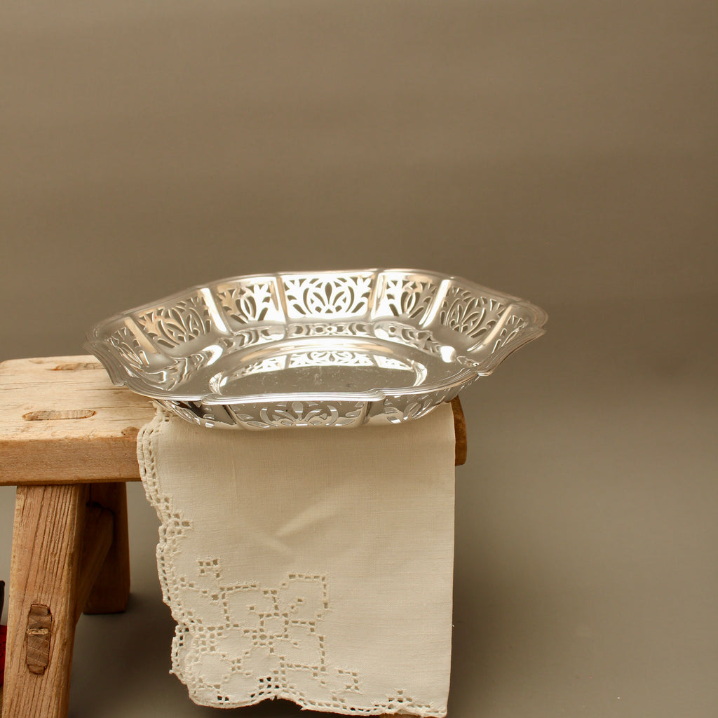 Vintage Pierced Silver Plate Bonbon Dish with Scalloped Rim