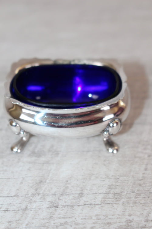 Antique Walker & Hall Sheffield Silver Plate Cobalt Blue Glass Salt Cellar 1921