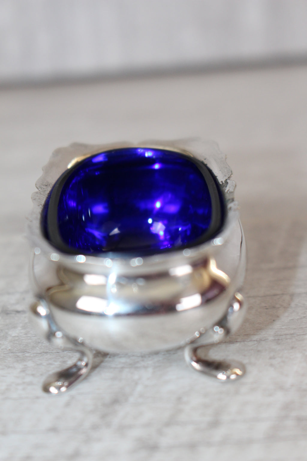 Antique Walker & Hall Sheffield Silver Plate Cobalt Blue Glass Salt Cellar 1921