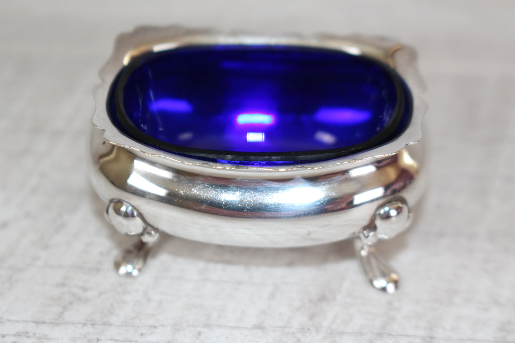 Antique Walker & Hall Sheffield Silver Plate Cobalt Blue Glass Salt Cellar 1921