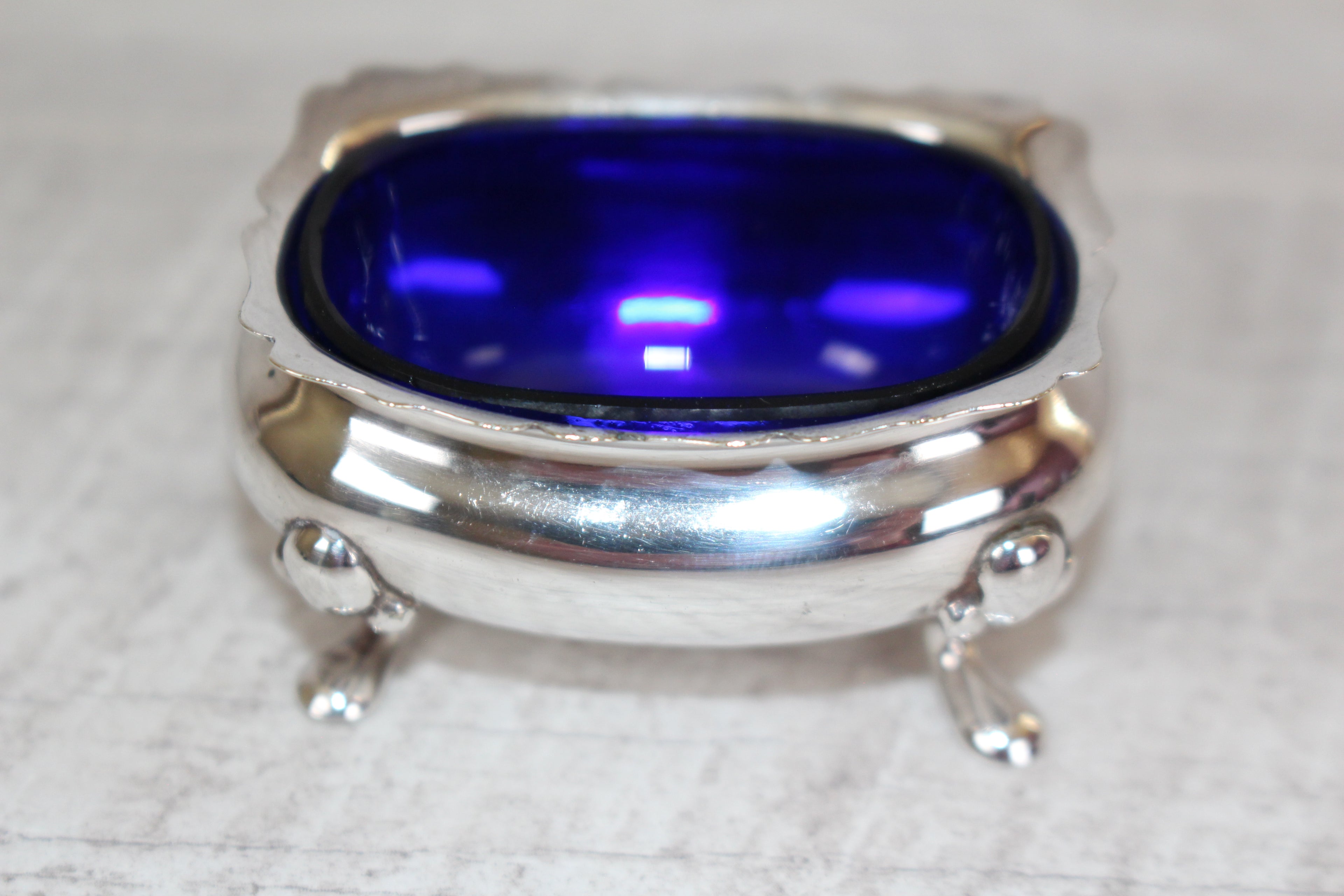 Antique Walker & Hall Sheffield Silver Plate Cobalt Blue Glass Salt Cellar 1921