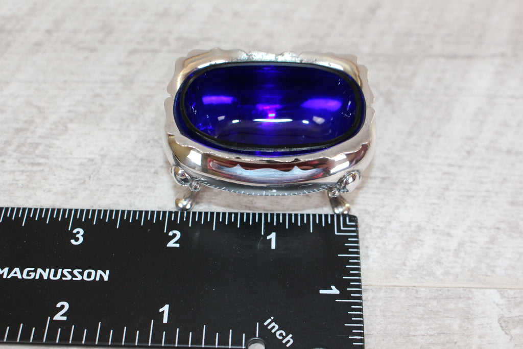 Antique Walker & Hall Sheffield Silver Plate Cobalt Blue Glass Salt Cellar 1921
