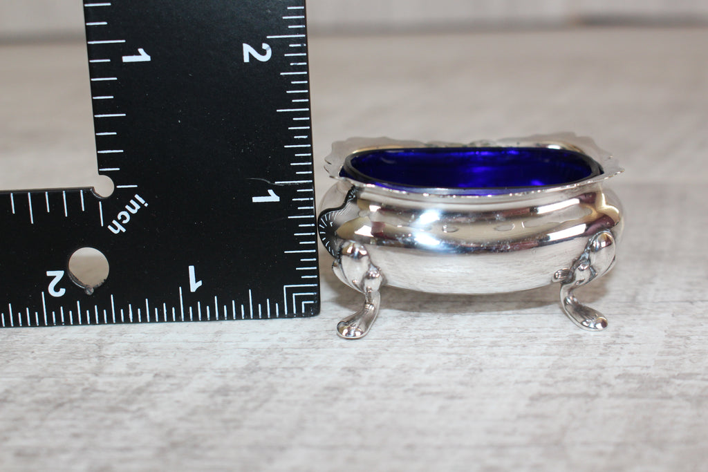 Antique Walker & Hall Sheffield Silver Plate Cobalt Blue Glass Salt Cellar 1921