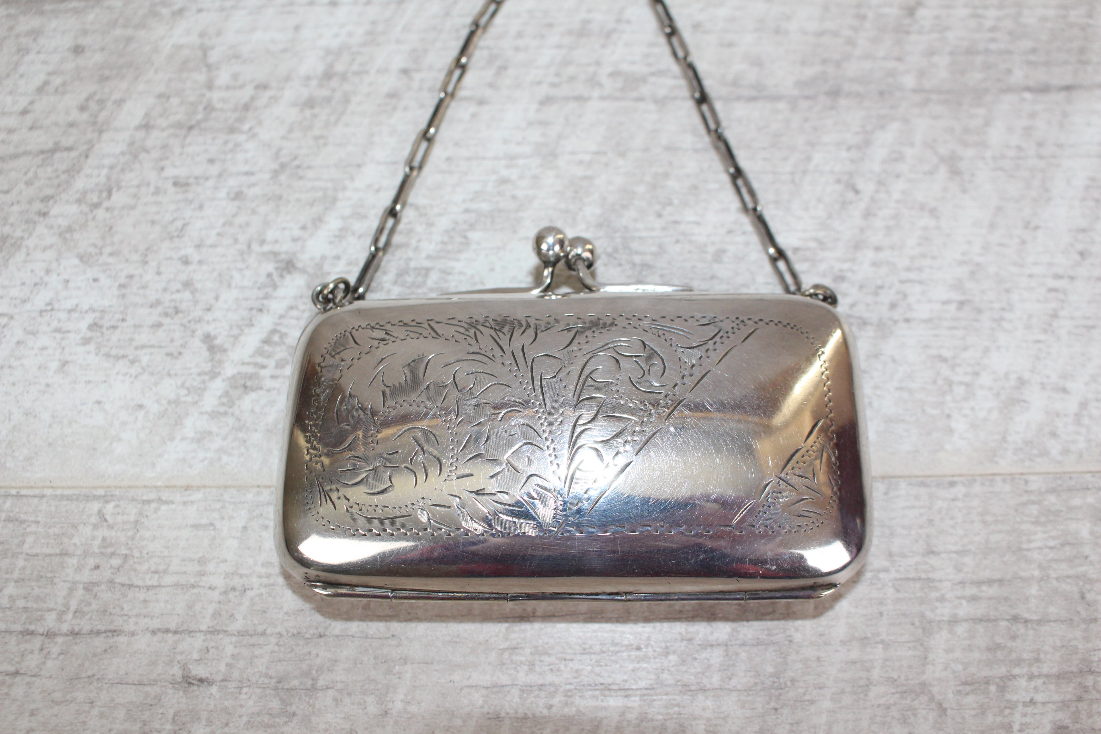 Antique Edwardian EPNS Silver Plate Finger Purse Engraved Detail Silk Lining