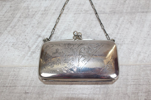 Antique Edwardian EPNS Silver Plate Finger Purse Engraved Detail Silk Lining
