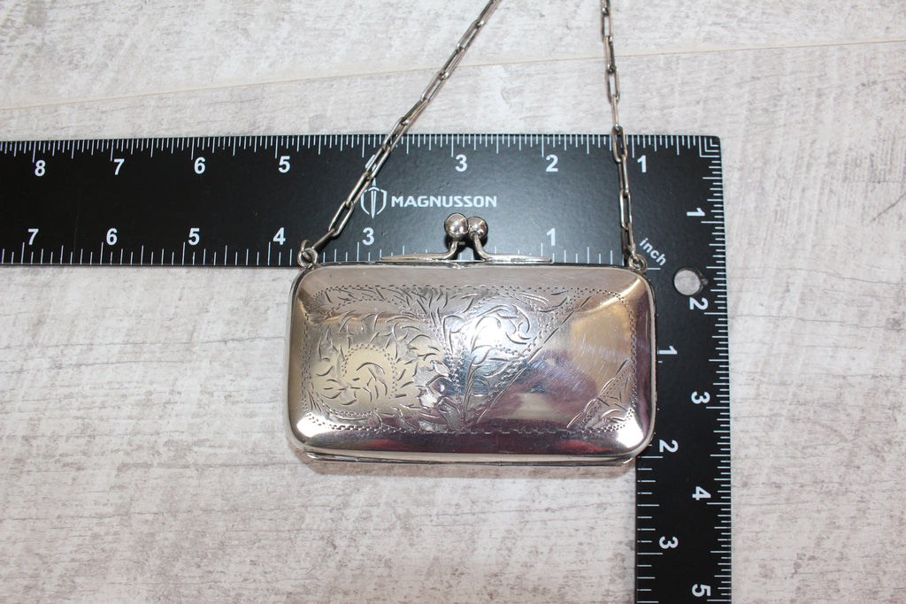Antique Edwardian EPNS Silver Plate Finger Purse Engraved Detail Silk Lining