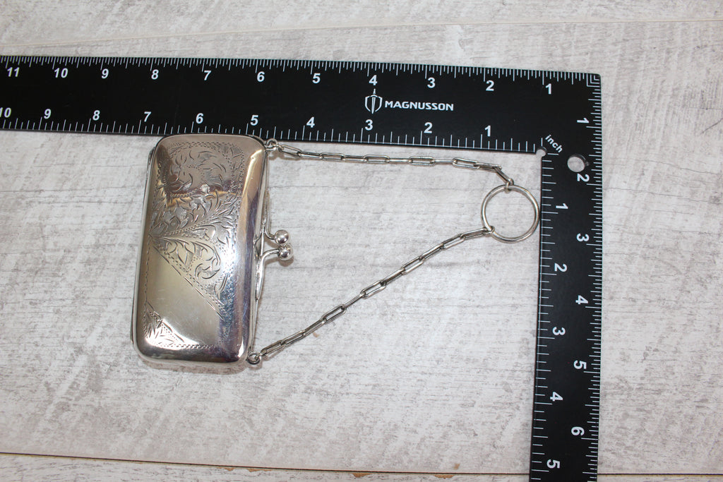 Antique Edwardian EPNS Silver Plate Finger Purse Engraved Detail Silk Lining