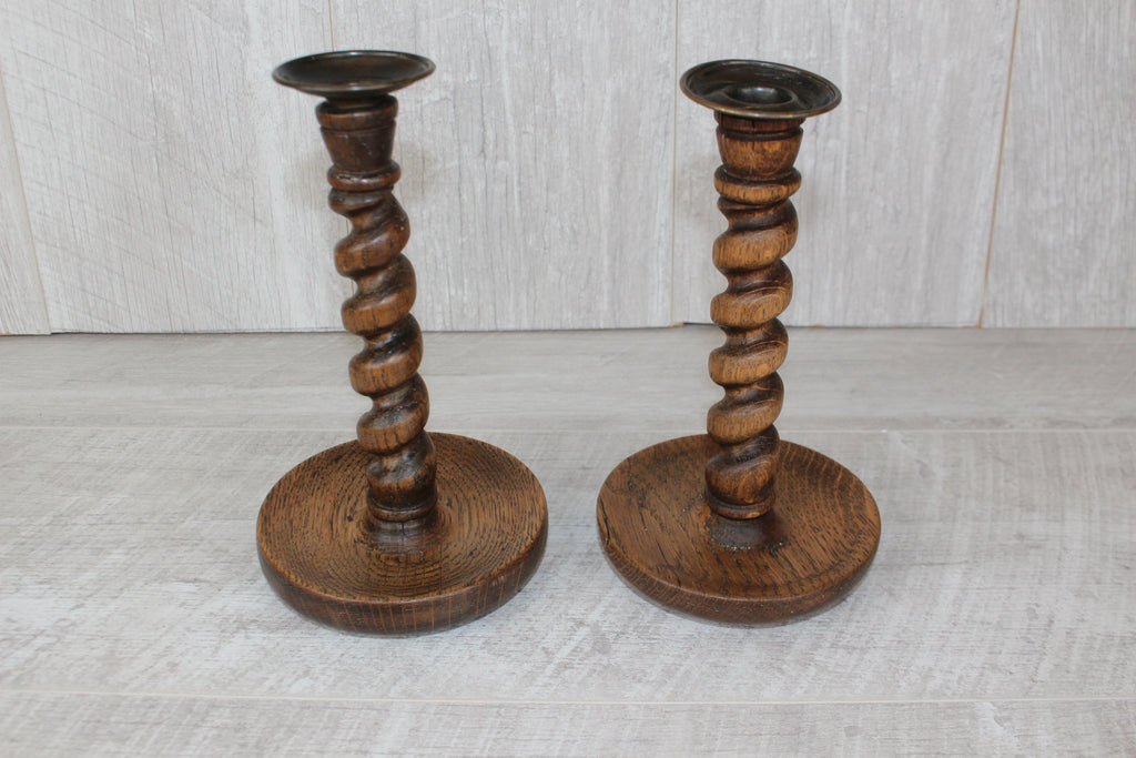 Antique Pair English Oak Barley Twist Candlesticks Hand Turned 8.5" Brass Tops