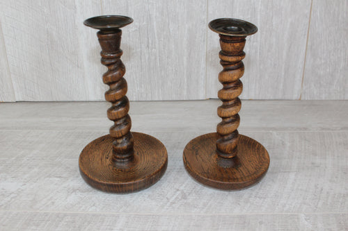 Antique Pair English Oak Barley Twist Candlesticks Hand Turned 8.5" Brass Tops