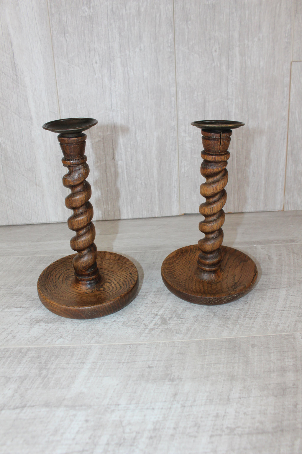Antique Pair English Oak Barley Twist Candlesticks Hand Turned 8.5" Brass Tops