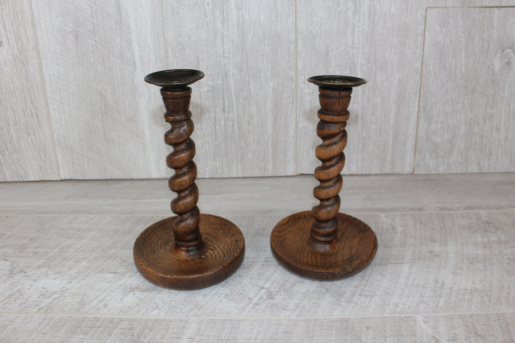 Antique Pair English Oak Barley Twist Candlesticks Hand Turned 8.5" Brass Tops