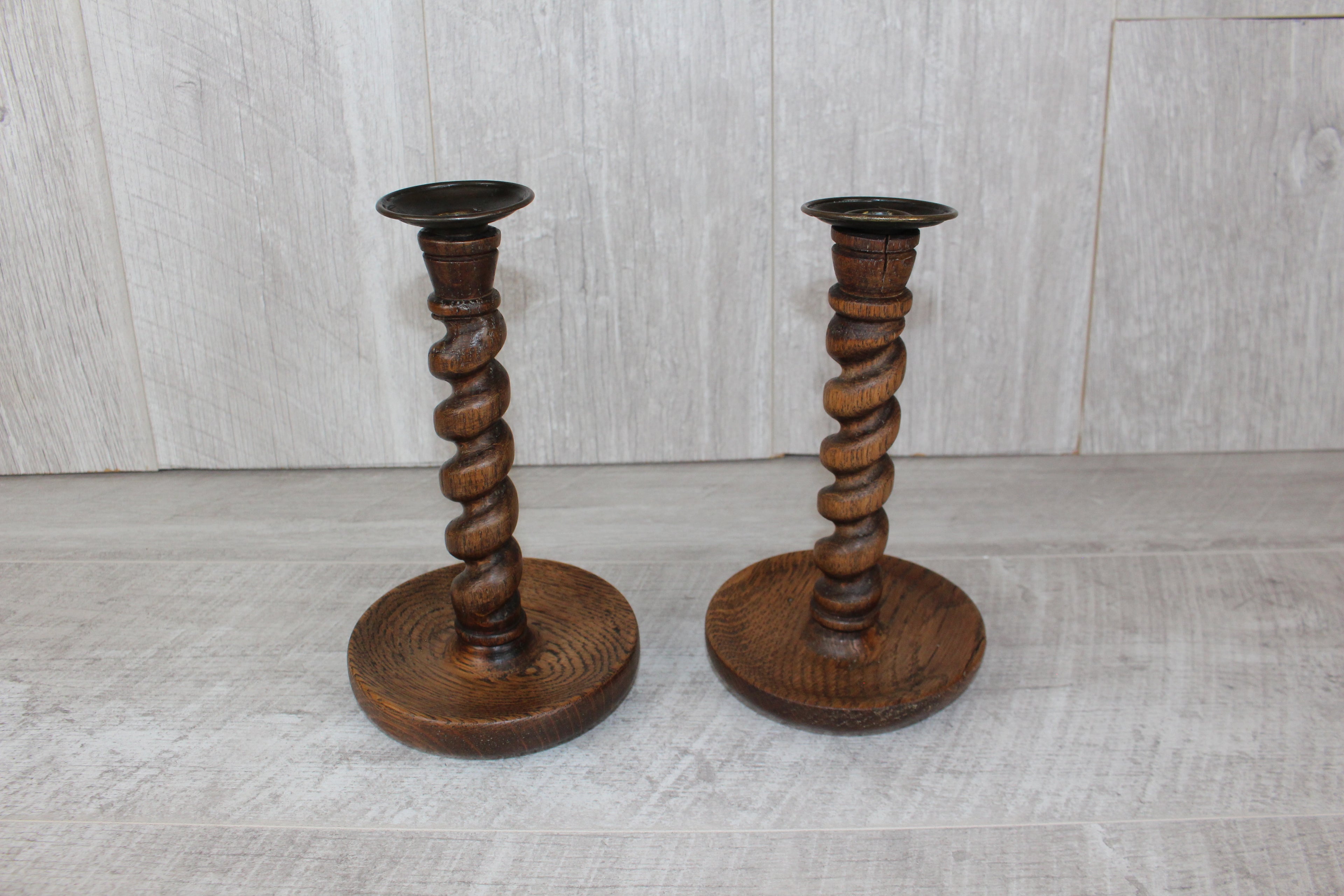 Antique Pair English Oak Barley Twist Candlesticks Hand Turned 8.5" Brass Tops