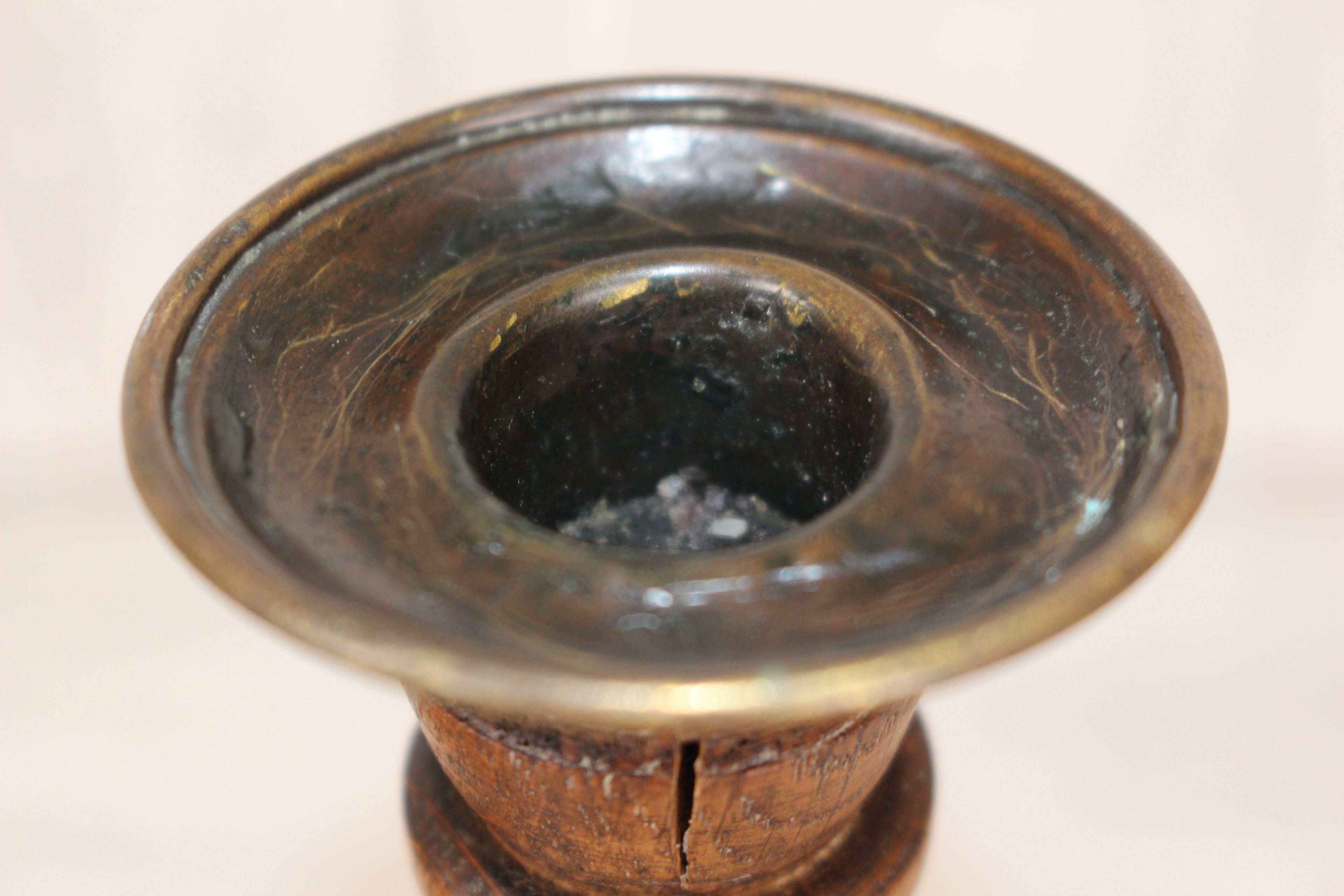 Antique Pair English Oak Barley Twist Candlesticks Hand Turned 8.5" Brass Tops