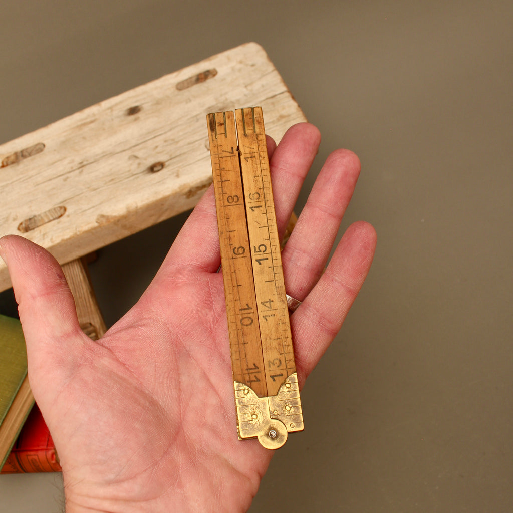 Vintage Foreign Stamped Boxwood and Brass Two-Foot Folding Rule